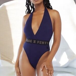 SAVAGE X FENTY Plunge Bodysuit Size Medium Blue Black Metallic Logo Letters